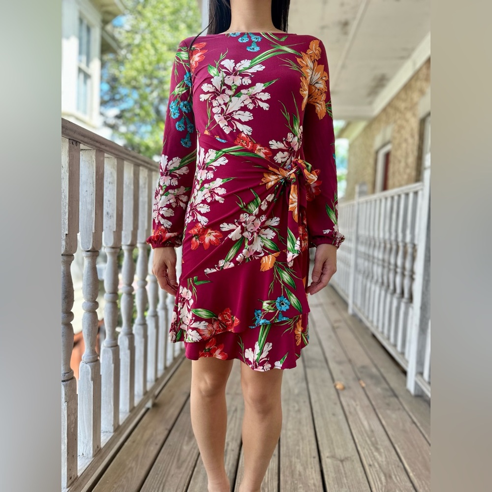 Springtime Maroon Floral Wrap Dress with Long Sleeves ECI Sz XS
